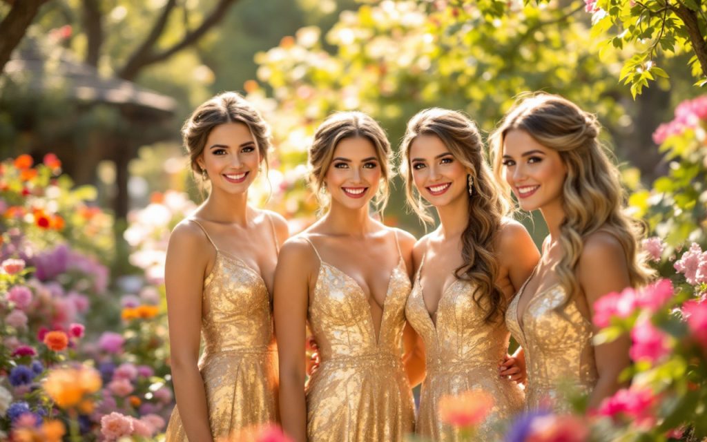 un-groupe-de-demoiselles-dhonneur-en-robes-dorees-souriantes-et-samusant-dans-un-jardin-fleuri-lors-dun-mariage-avec-de-doux-rayons-de-soleil-filtrant-a-travers-les-arbres