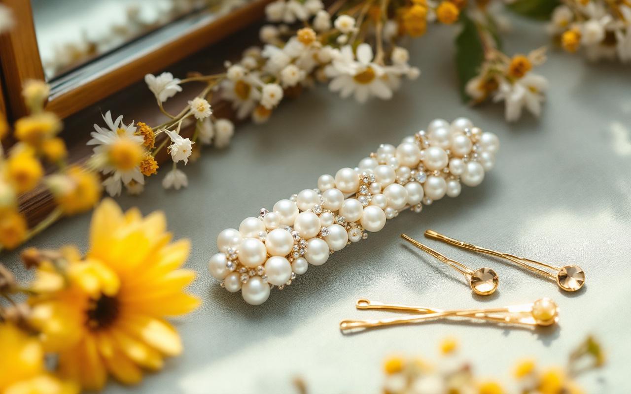 Gros plan sur des barrettes en perles et des épingles dorées posées sur une surface en lin et du bois, détails visibles des perles et des reflets métalliques, arrière-plan flou et lumière naturelle douce aux tons bleus et verts.