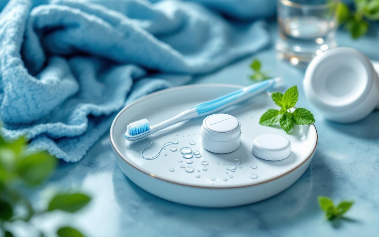Brosse interdentaire et fil dentaire pos&eacute;s sur un petit plateau en c&eacute;ramique dans une salle de bains, &agrave; c&ocirc;t&eacute; d'un lavabo avec une serviette pli&eacute;e et un verre, quelques gouttes d'eau et une feuille de menthe, lumi&egrave;re douce du matin, tons bleus et verts.