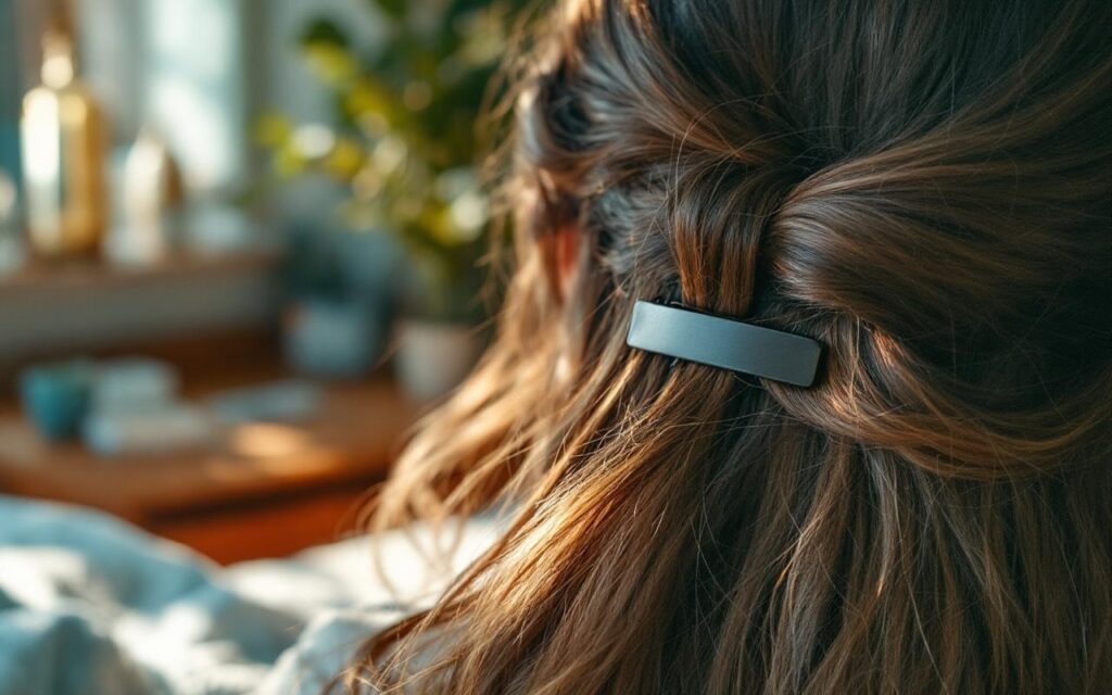 gros-plan-dune-barrette-plate-maintenant-un-demi-chignon-sur-cheveux-lisses-texture-des-meches-visible-arriere-plan-interieur-flou-avec-lumiere-douce-et-tons-bleu-vert