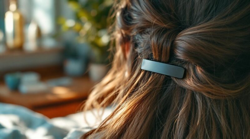 gros-plan-dune-barrette-plate-maintenant-un-demi-chignon-sur-cheveux-lisses-texture-des-meches-visible-arriere-plan-interieur-flou-avec-lumiere-douce-et-tons-bleu-vert