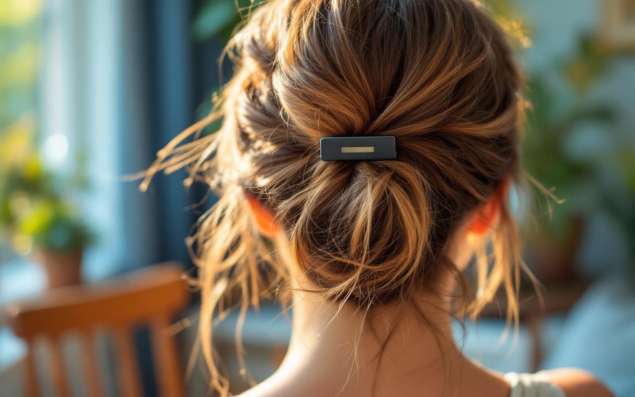 Gros plan d'un chignon désordonné maintenu par une barrette plate, mèches lâches et texture naturelle des cheveux, arrière-plan flou d'une pièce lumineuse avec plantes et tons bleu-verts.