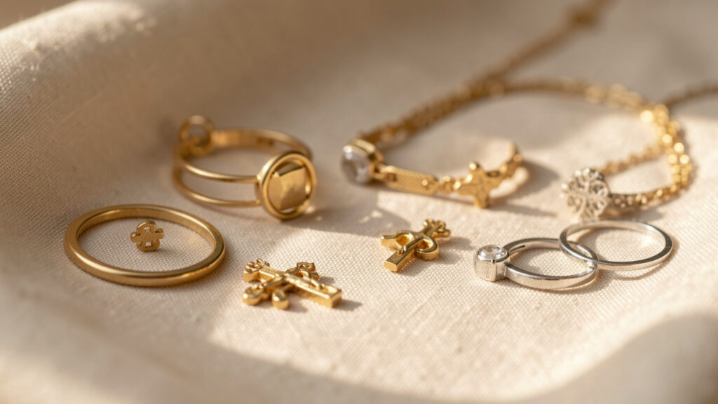 Plusieurs bijoux religieux délicats disposés avec soin sur un tissu clair, sous une lumière douce et diffuse, créant une ambiance spirituelle calme.