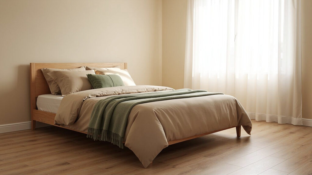 Chambre adulte lumineuse et apaisante avec un lit à tête de lit en bois, du linge beige et vert sauge, un espace dégagé autour du lit et une douce lumière naturelle.