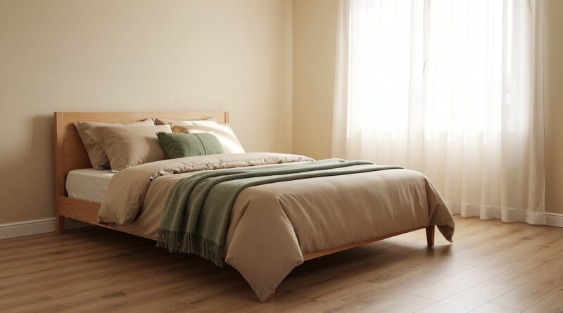 Chambre adulte lumineuse et apaisante avec un lit à tête de lit en bois, du linge beige et vert sauge, un espace dégagé autour du lit et une douce lumière naturelle.