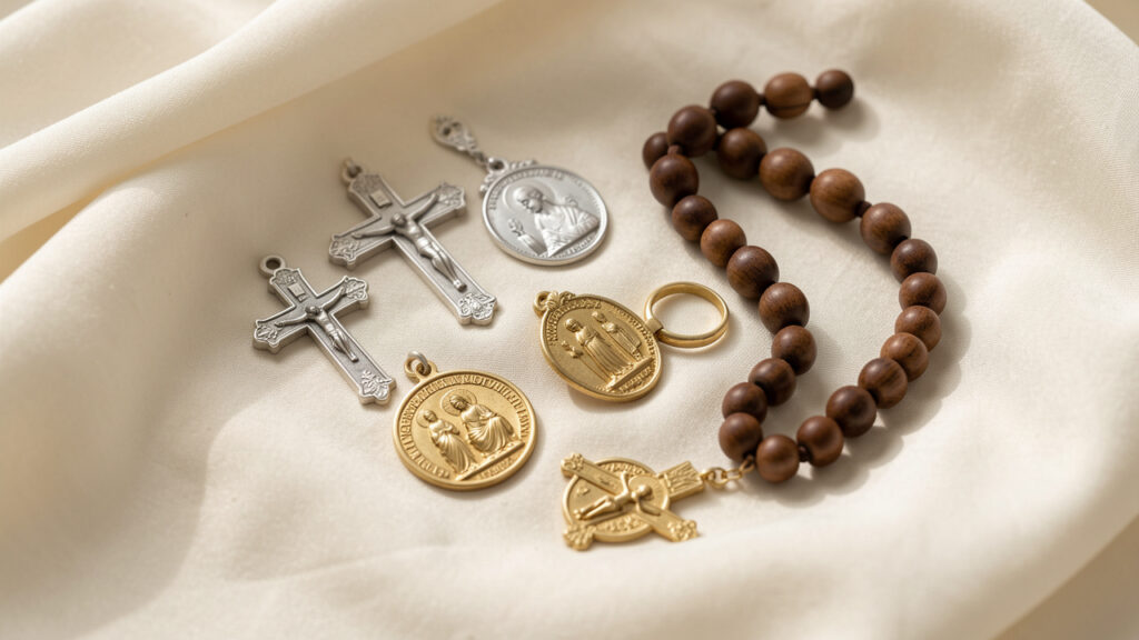 Composition élégante de croix, médailles, chapelet et bague disposés sur un tissu ivoire éclairé par une lumière douce.
