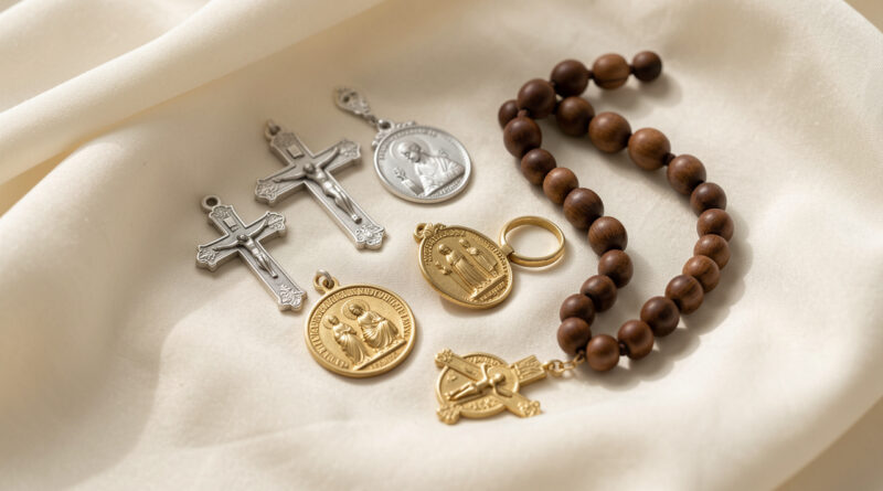 Composition élégante de croix, médailles, chapelet et bague disposés sur un tissu ivoire éclairé par une lumière douce.