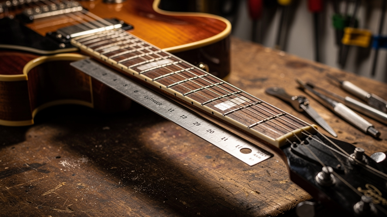 Gros plan sur une guitare électrique en réparation, avec une règle de luthier contrôlant les frettes et des outils de réglage posés sur l’établi.