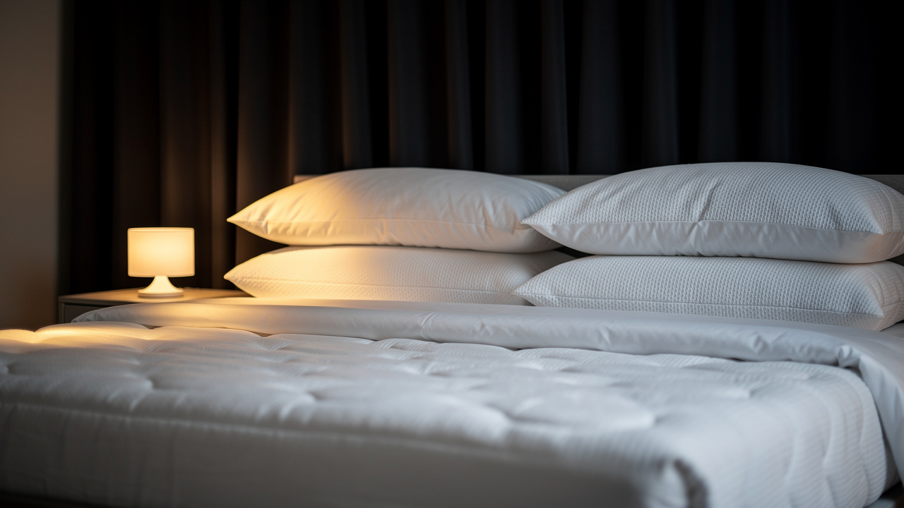 Vue rapprochée d’un lit soigneusement préparé avec un matelas confortable, des oreillers ergonomiques, une lampe de chevet diffusant une lumière chaude et des rideaux occultants.