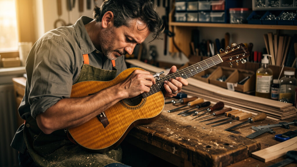 Un luthier ajuste avec précision le manche d’une guitare acoustique sur un établi en bois, entouré d’outils dans un atelier éclairé naturellement.