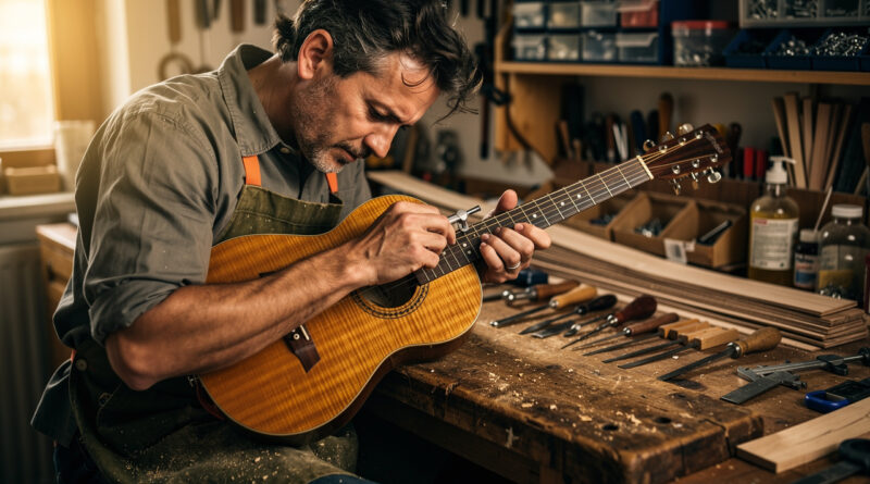 Un luthier ajuste avec précision le manche d’une guitare acoustique sur un établi en bois, entouré d’outils dans un atelier éclairé naturellement.