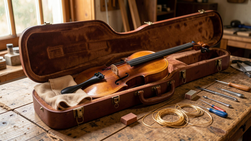 Instrument à cordes en bois dans son étui ouvert, accompagné d’un chiffon doux et d’accessoires d’entretien sur une table en bois.
