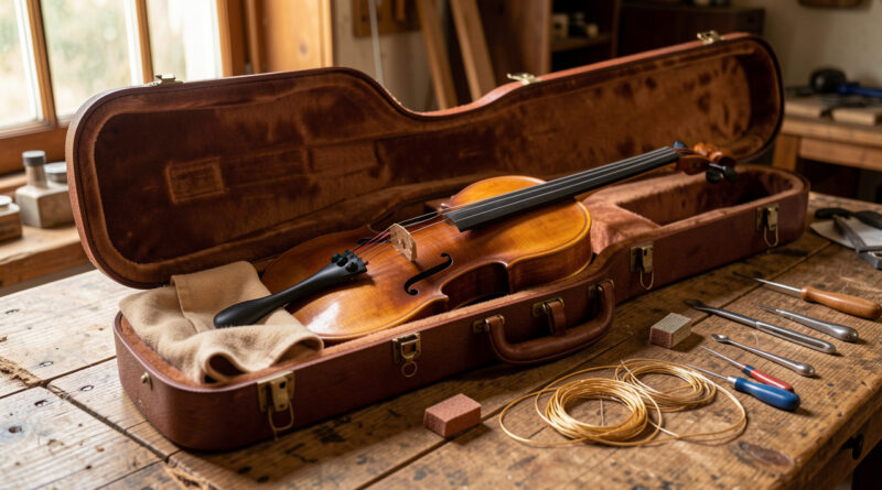 Instrument à cordes en bois dans son étui ouvert, accompagné d’un chiffon doux et d’accessoires d’entretien sur une table en bois.