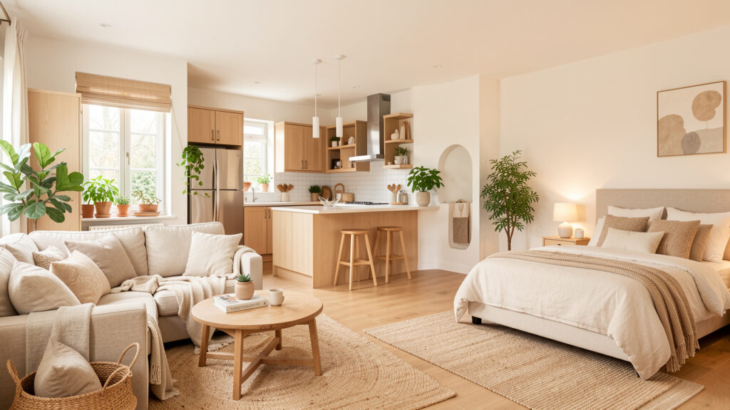 Intérieur lumineux et chaleureux réunissant un salon, une cuisine et une chambre dans une décoration naturelle et harmonieuse.