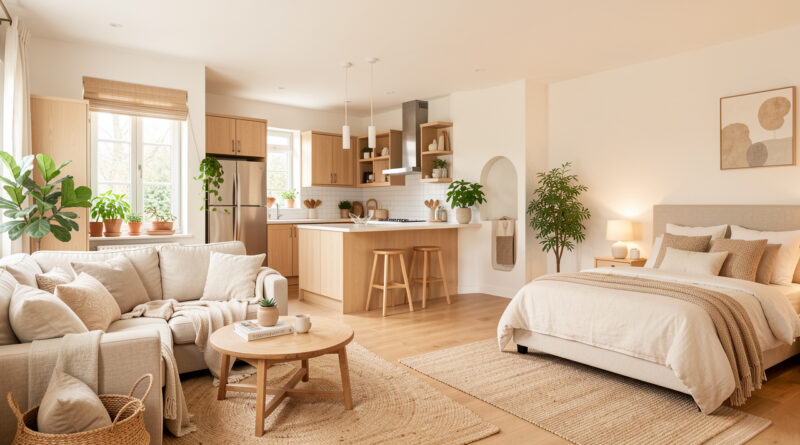 Intérieur lumineux et chaleureux réunissant un salon, une cuisine et une chambre dans une décoration naturelle et harmonieuse.