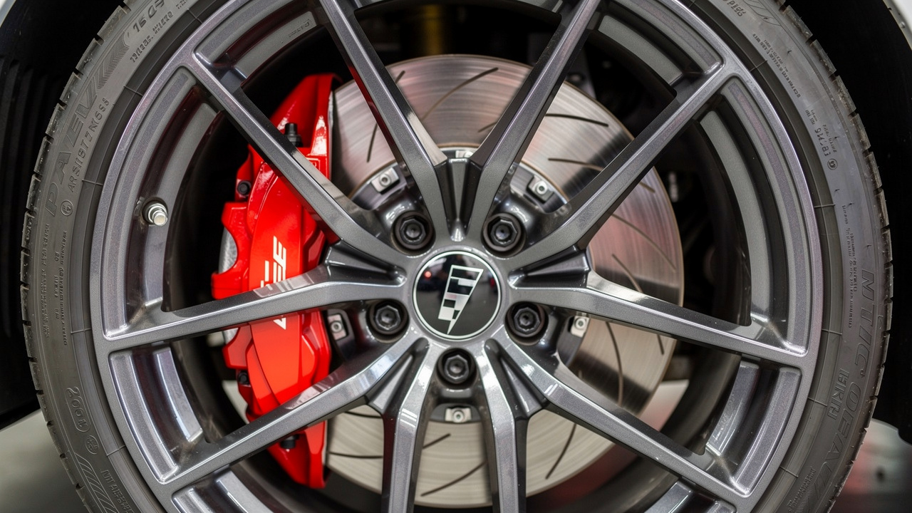 Gros plan d’une jante anthracite à doubles branches avec un étrier de frein rouge brillant et un disque propre dans un atelier automobile lumineux.