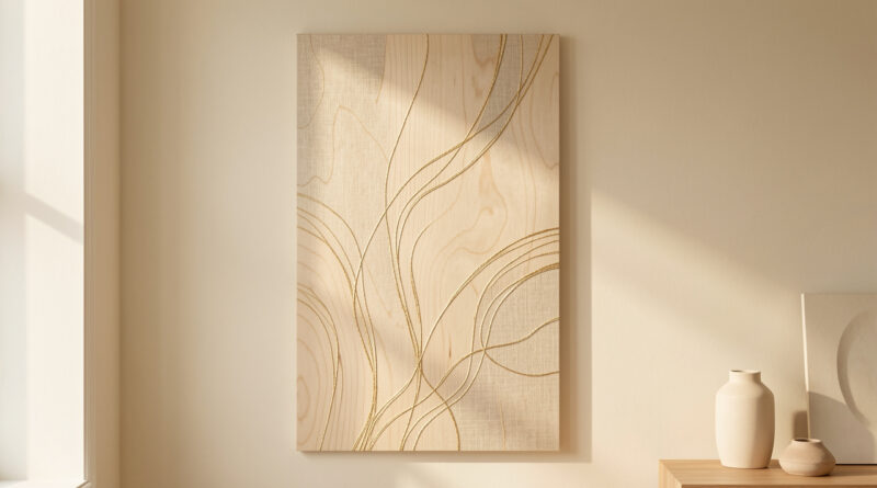 Panneau de broderie d’art contemporain associant placage de bois clair, fil d’or et lin naturel dans un intérieur raffiné éclairé par une lumière rasante.